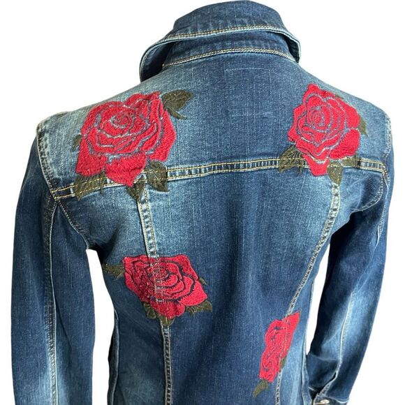Womens Lularoe Jaxon Red Rose Embroidered Rodeo Denim Jean Jacket - Sz XXS - Picture 6 of 6